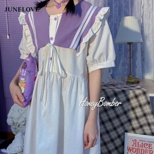 JuneLove 2021 Women Summer Japanese Harajuku Sweet Ruffles A-line Loose Dress Female Sailor Collar Lolita Shorts Sleeve Vestidos