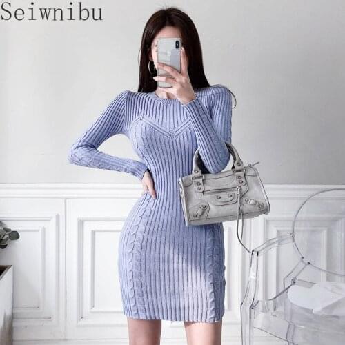 2020 Womens Winter Knitted Sheath O-Neck Dresses Long Sleeve Bodycon Striped Patchwork Basic Sexy Mini Dresses Vestidos