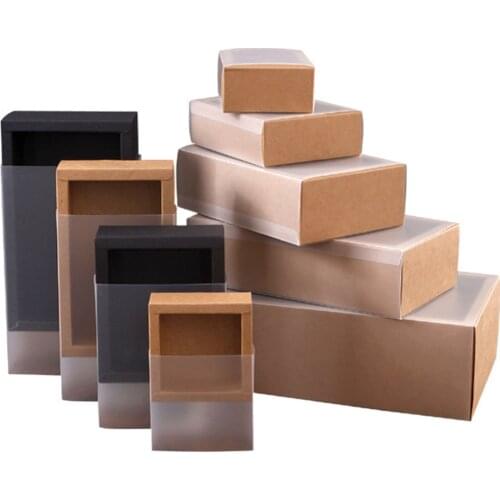 5pcs Kraft Paper Packing Box With Transparent PVC Window Black Delicate Drawer Display Gift Box Wedding Cookie Candy Cake Boxes