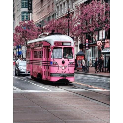 5x7ft Pink Bus Street View Building Photography Backdrops Photo Props Studio Background