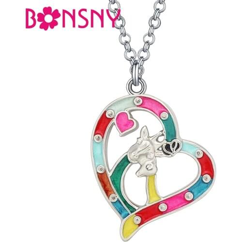 BONSNY Mothers Day Enamel Alloy Floral Heart Shape Giraffe Necklace Pendant Long Charms Novelty Jewelry Gifts For Women Girls