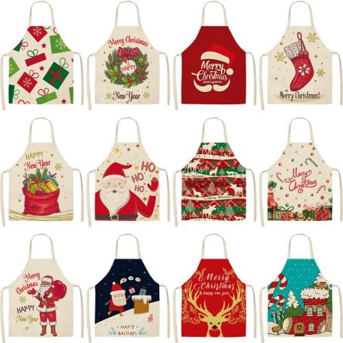 Christmas Decoration Aprons Xmas Santa Design Cotton Linen Sleeveless Aprons Home Kitchen Cooking Decorative Aprons Party Props