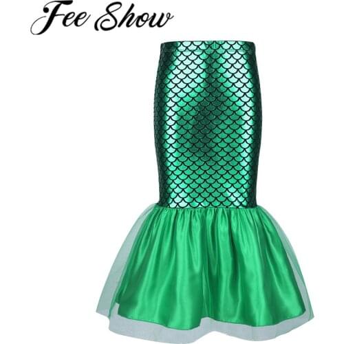 Children Mermaid Cosplay Costume Kids Girls Halloween Shiny Fish Scale Printed Mermaid Tail Green Skirt For Fancy Party Dress Up