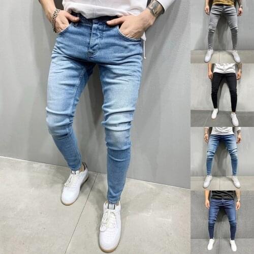 Puimentiua Jeans Men Elastic Waist Skinny Jeans Men Stretch Ripped Pants Streetwear Mens Denim Jeans Blue Denim Skinny Jeans Men