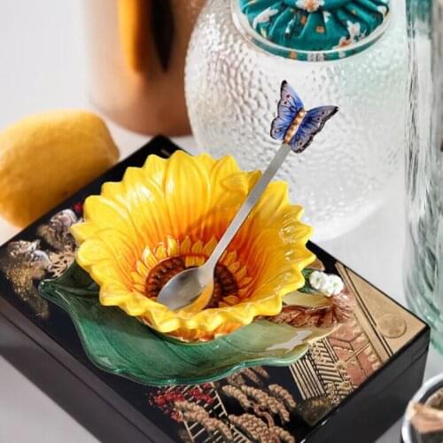 Sunflower Enamel Porcelain Cup Ceramic Coffee Cup Home Decor Porcelain Butterfly Spoon
