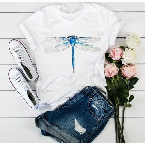Womens Print Summer T-shirts O-neck short Sleeve Dragonfly Casual Tshirts Female 2020 New Fashion Chic Lady Clothes