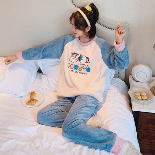 Coral Velvet Pajamas Women Autumn and Winter Thickening Plus Velvet Plus Size Loose Cute Warm Flannel 2pcs Suit