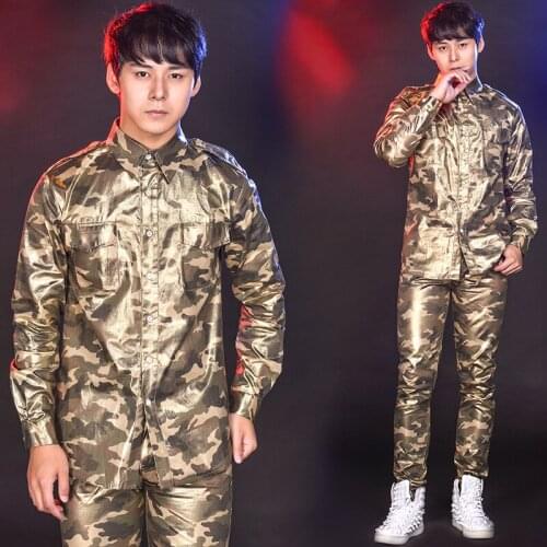 Champagne Gold Camouflage Print Suit Mens Shirt Pants DJ Singers Nightclub Costume Stylish Suit Jacket Host Stage Wear XS1733