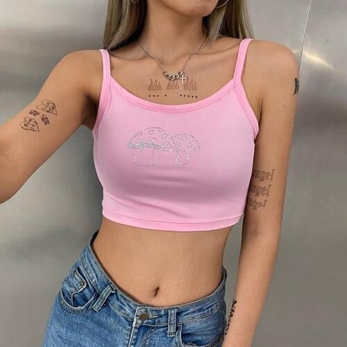 Summer Sexy Sling Tops Sleeveless Mushroom Pattern Rhinestone Slim Fitting Casual Wild Camisole for Vacation Holiday Clothes