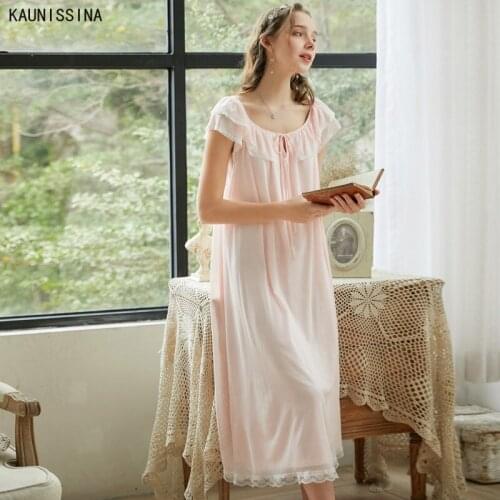 Summer Nightdress Women Royal Princess Loose Sleepwear Dress Sweet Modal Lace Long Sleepshirts Ladies Lingerie Nighty Nightgown