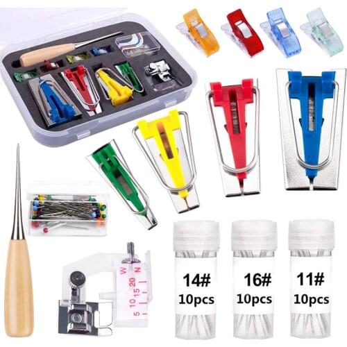 LMDZ 30pcs/Set Practical Fabric Bias Tape Makers Kit with Sewing Bead Needles Binder Clip Wooden Awl Foot Press
