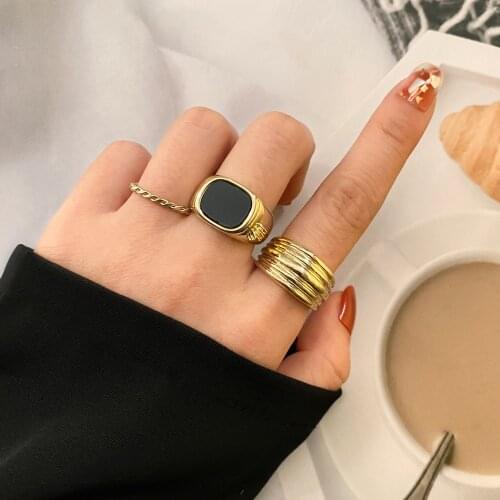 FNIO Fashion Black Drop Glaze Oval Shaped Rings Set For Women Men Trendy Gold Color Wide Ring 2021 NEW Jewelry Gifts