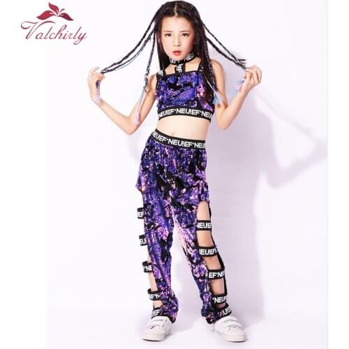 NEW Girls Purple Hiphop Sequins Jazz Dance Costumes Kids Performance Stage Outfit