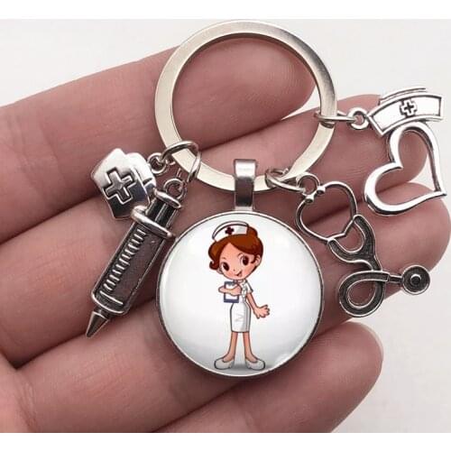 New/high quality 1 piece nurse medical syringe stethoscope image keychain glass cabochon and glass dome key ring pendant gift