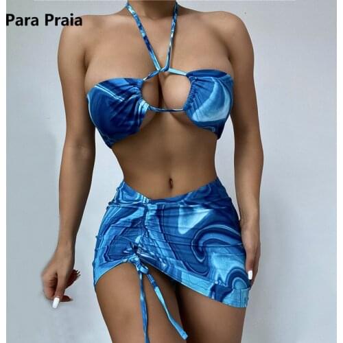 Para Praia 2021 Sexy Three Pieces Bikini With Skirt Wave Print Swimsuit Women Cut Out Swimwear Brazilian Bikini Bathing Suit