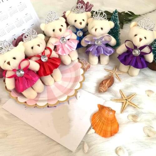 Mini Plush StuffedTeddy Bear with Crown Wedding Flower Bouquet Satin Bear Doll Toy Key Chain Pendant Party Decoration Kids Gift