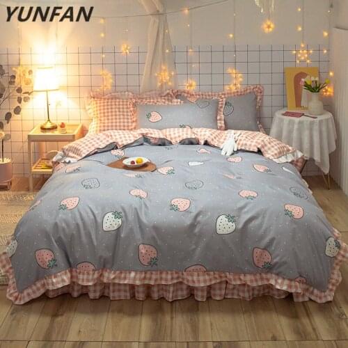 Strawberry princess bedclothes pink duvet cover Set Romantic Lace Girls quilts Cover queen full twin bowknot Korean Bedding Sets