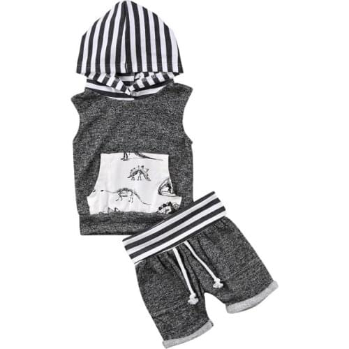 Casual Summer Sets 2PCS Newborn Infant Baby Boys Cotton Sleeveless Striped Hooded Pullover Dinosaur Pocket Grey Shirt Top Shorts