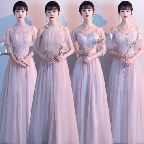 Floor-Length Summer Flowers Three Quarter Sleeve Bandage High Waist Slim Simple Solid Color Pink Bridesmaid Dresses 9958