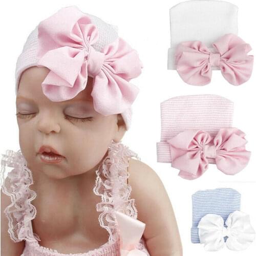 0-6M Baby Bowknot Hats Newborn Girls Comfy Knitted Hospital Cap Toddler Beanie Hat Infant Comfy Big Bowknot Turban