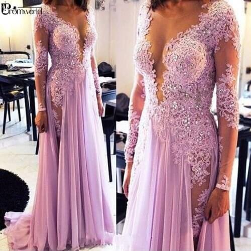 Lilac Long Sleeves Evening Dresses Lace Beaded Chiffon V-Neck Illusion Prom Party Maxi Evening Gown 2020 Vestidos De Fiesta