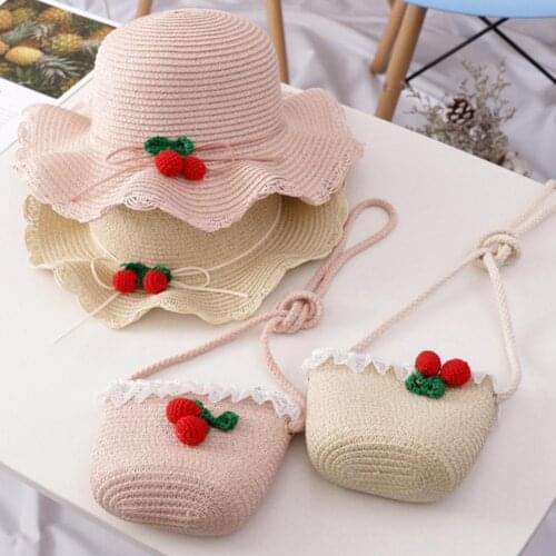 Summer Sun Hats For Girl Child Children Baby Beach Hats Strawberry UV Protection Straw Cap Bucket Hat Outdoor Sunhat Bag