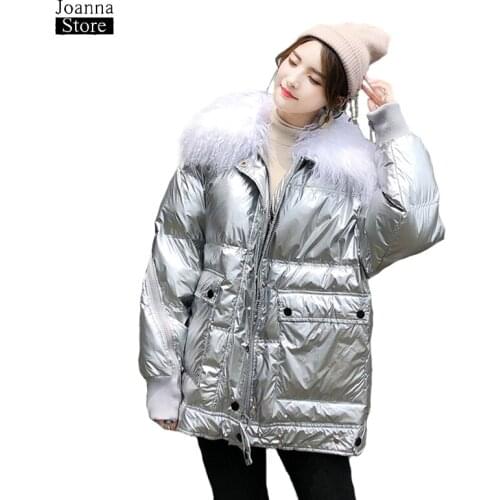 Duck down jacket women winter plus size hooded coat raccoon fur collar womens jackets silver reflect coats streetwear new parka
