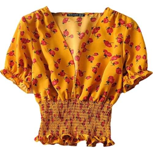 Female Tops, Girls Flower Print V-Neck Short Sleeve Pullover Short Shirt for Summer Autumn