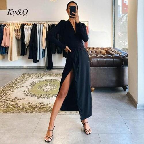2021 Solid Chiffon Vintage Sashes Irregular Long Dresses Women Loose Long Sleeve Deep V-Neck A-Line Split Sexy Party Dress