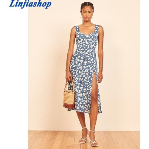 Vintage chiffon split fashion summer autumn dress women back elastic holiday blue floral print midi dress ladies vestidos