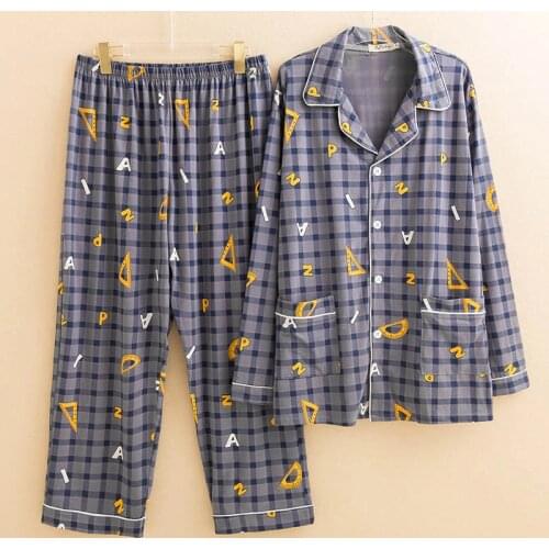 130Kg Plus size mens autumn plaid knitted cotton pajamas bust 140cm 5XP 6X[ long-sleeved two-piece cardigan loose home service
