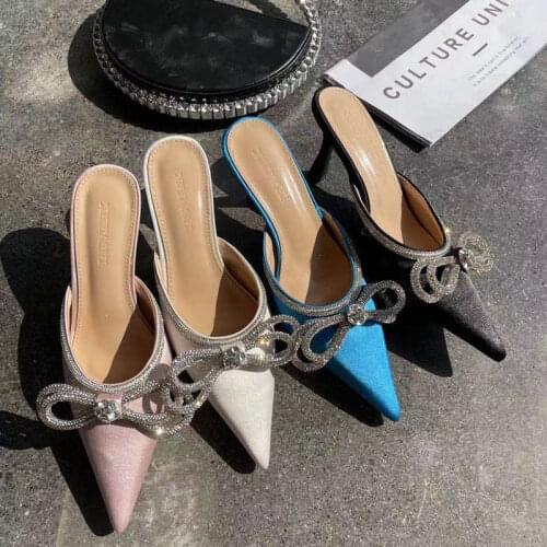 2021 New Shallow Mouth Pointed Slippers High-heeled Rhinestone Bow Stiletto with Muller Baotou Semi-trailer Female Outer Wear