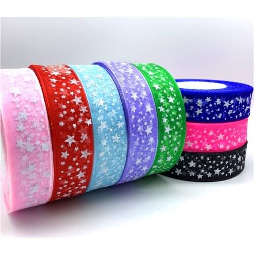 5yards/Lot 25mm Organza Ribbon Printed Stars Ribbon For Bow Christmas Wedding Decoration DIY Sewing Craft