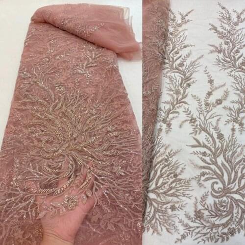 5yards/pc) Hig grade dusky pink African mesh lace gorgeous embroidered beads French net lace fabric for party dress FRX028