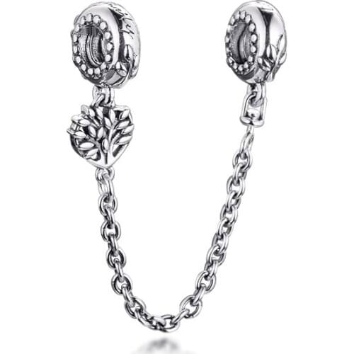 Fits Pandora Bracelet Heart Family Tree Safety Chain Genuine 925 Sterling Silver Charms Beads for Women Jewelry DIY Making Bead