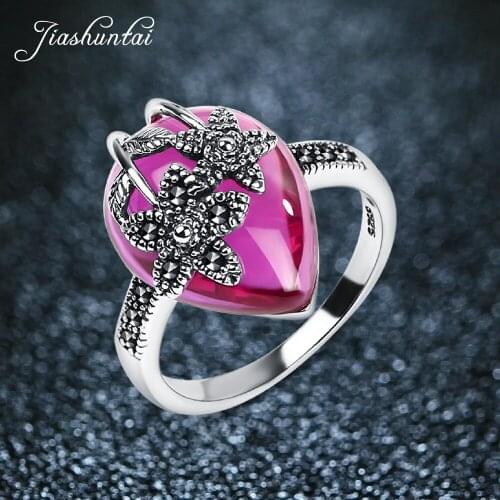 JIASHUNTAI Retro Thai Silver Rings Vintage 925 Sterling Silver Jewelry For Women Flower Design