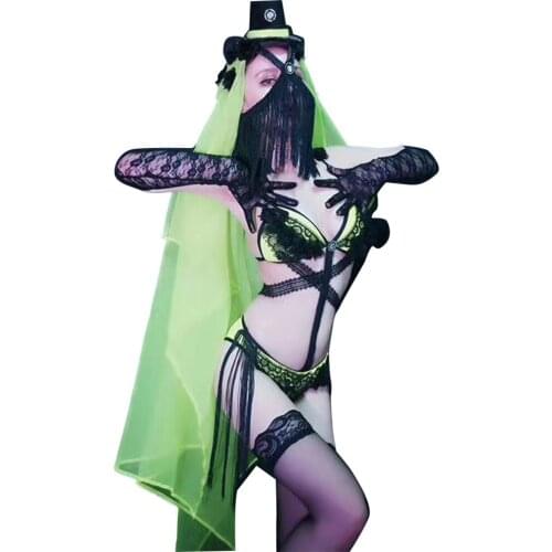 Nightclub Party Lace Tassels Bikini Stage Outfits Sets Women Sexy Bra + Shorts Headwear DJ Pole Dance Performance Costume Sets