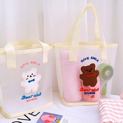 Summer Beach Bag Mesh Sand Toys Water Clothes Backpack Women Travel Shopping Makeup Tote with Bow Tie Bear Embroidery