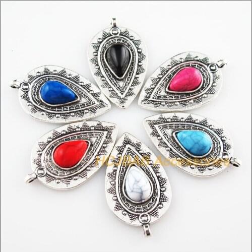 Fashion 6Pcs Tibetan Silver Color Teardrop Mixed Stone Charms Pendant 20.5x35mm