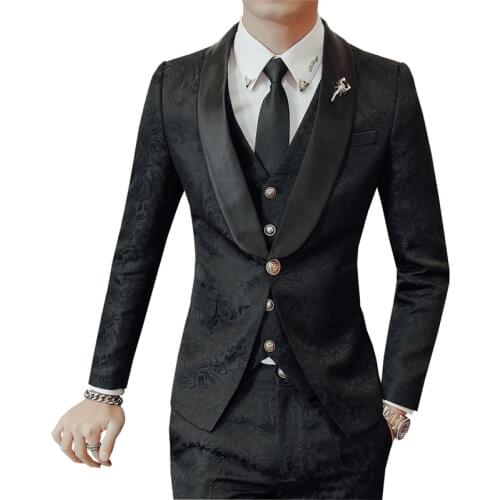 High Quality Men Floral Jacquard Print Designs Suits 3 Pieces Set Slim Fit Wedding Tuxedos Blazers Jacket Trousers Vest Pants