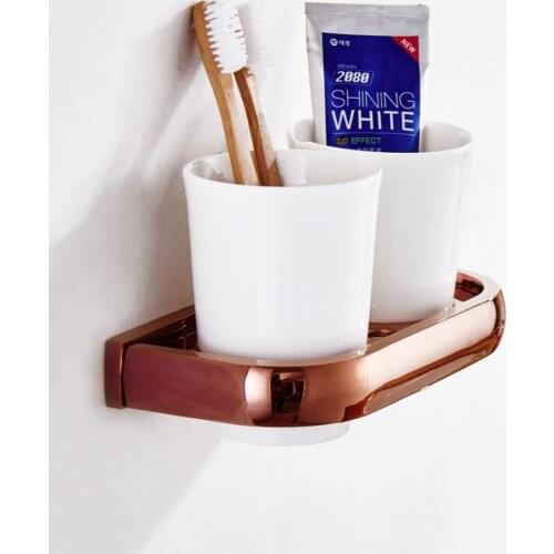 Wall Mounted Copper Cup Holder Ceramic Cup Round Bathroom Rose Gold