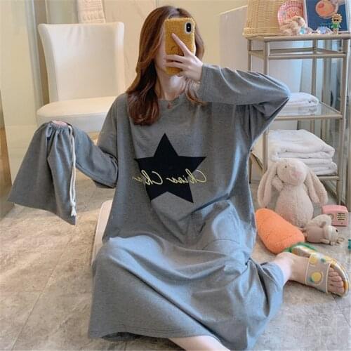 Nightdress female spring/autumn five-pointed star long cotton Korean home service plus size nightgown basic for pregnant women