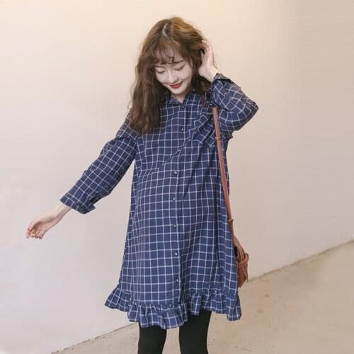Maternity Ruffle Plaid Dresses Vestido Pregnancy Dress Long Sleeve Blue Pregnant Women Shirt Loose Fashion Blouse Clothing Tops