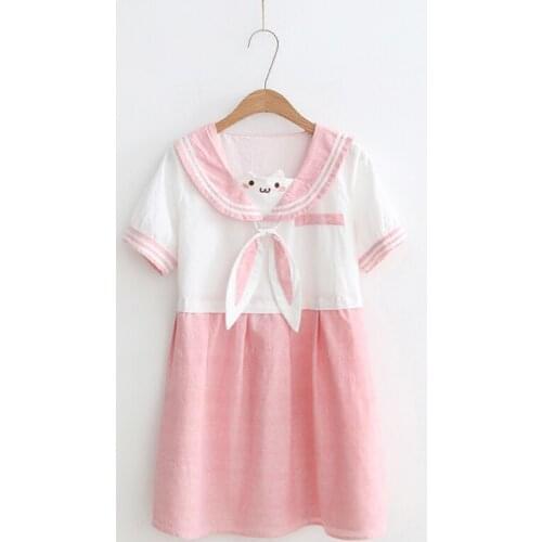 Spring New Japanese Style 2020 Kawaii Rabbit Ear Tie Dress Navy Collar Cotton Hemp Dress Pink White Striped Short Sleeve Dress