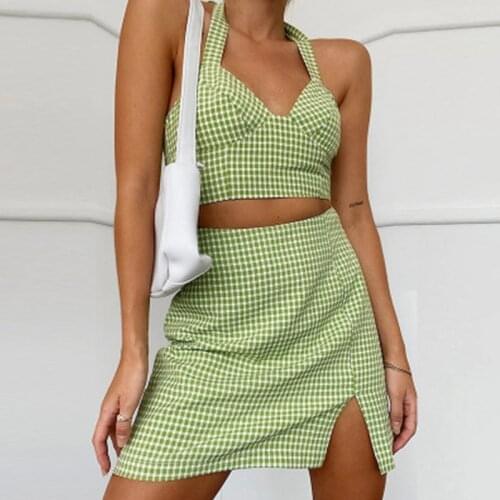 Womens Dress Plaid Skirt Sexy Halter Camisole Set Print Tie Up Wrap Mini Dress Summer Ruffles Sundress Short Sleeve High Waist