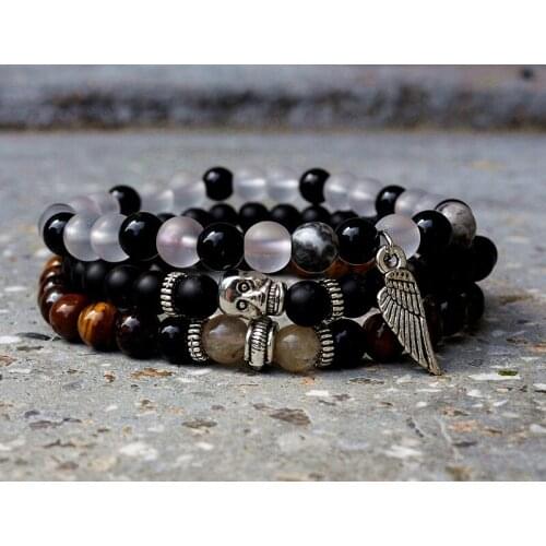 Sell Unisex bracelet set natural Tiger Stone Beads stretch Bracelets skull Charm bead For Women Men Jewelry