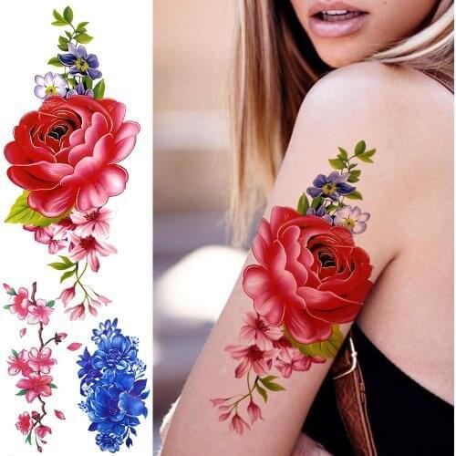 Realistic Rose Flower Temporary Tattoos For Women Kids Plum Dahlia Flora Fake Tattoo Sticker Unique Water Transfer Tatoos Small