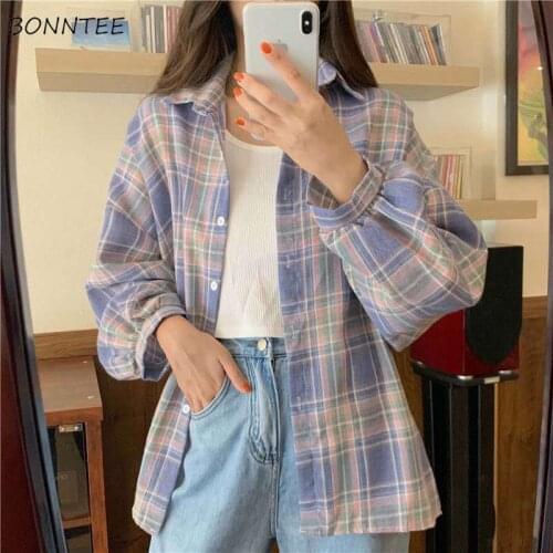 Shirts Women Autumn Plaid Students Korean Loose Long Sleeve Fashion All-match Streetwear Button Up Tops Mujer Casual Breathable