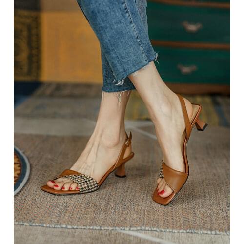 Lisapie Women Square Toe Thin Heel French Open Toes Sandals 2021 Summer Shoes Women Houndstooth High Heel Sandals for Women