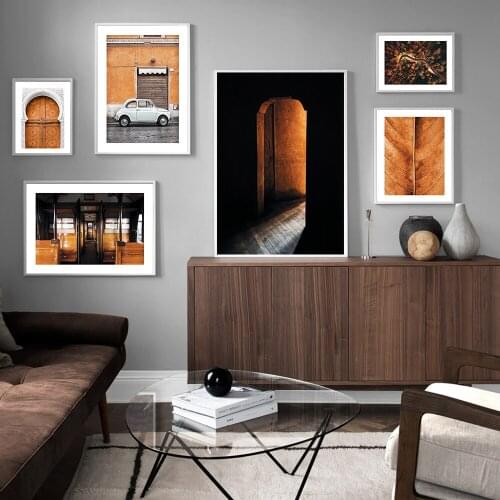 Modern Art Canvas Painting Mustard Yellow Style Posters And Prints Leaves Door Car Highway Wall Pictures For Living Room Decor